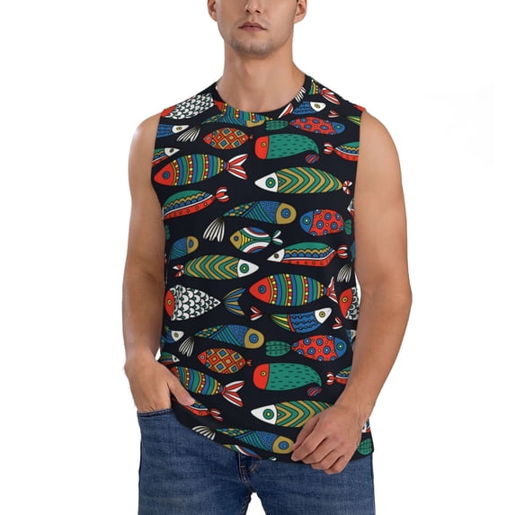 Pofeuu Hand Drawn Colorful Fishes Print Men's Muscle T-Shirt, Sleeveless, Muscle Tank, Classic Muscle Tee Top For Men Casual Sleeveless Muscle T-Shirt Trendy Clothes-3X-Large