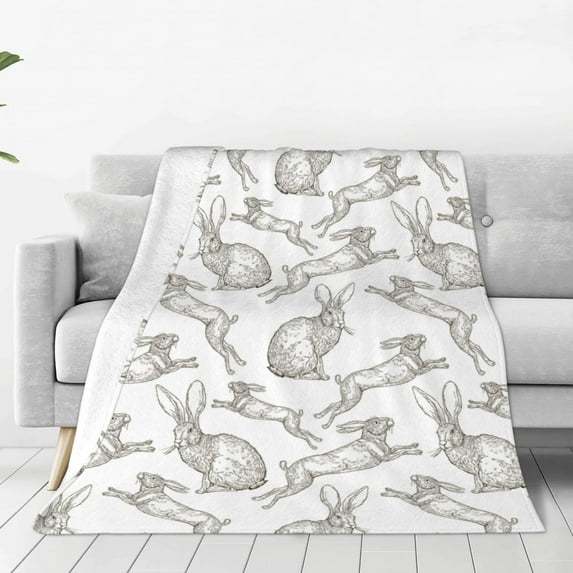 Pofeuu Hand Drawn Rabbit Print Ultra-Soft Micro Fleece Blanket,for Bed Or Sofa,All Season Throw Blankets Flannel Blanket-80"x60"