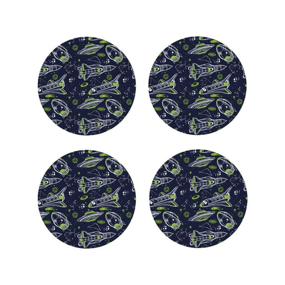 Pofeuu Hand Drawn Rockets Print Coasters for Drinks, 4Pack PU Leather Coasters, Bar Drink Coasters for Tabletop Protection, Furniture from Damage-Round Shape