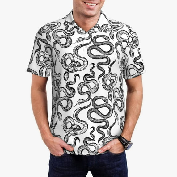 Pofeuu Hand Drawn Snake Print Men's Loose Fit Midweight Short-Sleeve Pocket Polo-Medium