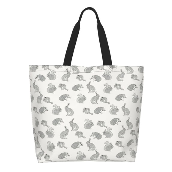 Pofeuu Hand Drawn Squirrel Print Reusable Grocery Bags - Washable, Foldable, Packable Tote, Large Handles, Heavy Duty, Zippered Top Pouch
