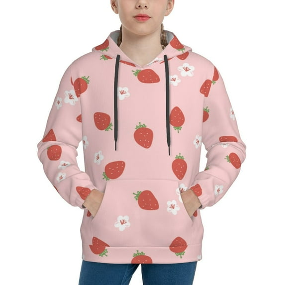 Pofeuu Hand Drawn Strawberry Print Kids Pullover Hoodies Warm Thick Hooded Sweatshirt with Packet for Boys Girls-X-Large