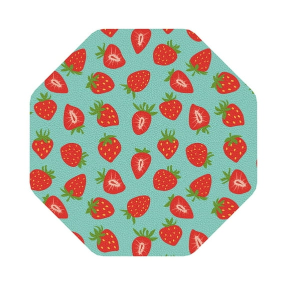 Pofeuu Hand Drawn Strawberry Print Leather Coasters Set of 6, Round Cups Mugs Mat Pad for Home Kitchen Heat Resistant Drink Coasters,Octagon