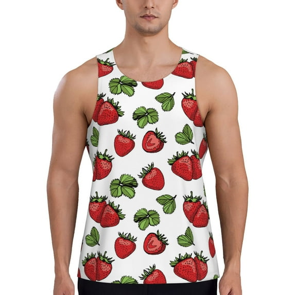 Pofeuu Hand Drawn Strawberry Print Men's Workout Tank Tops Sleeveless Muscle Gym Shirt Quick Dry-Medium