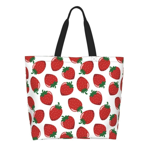 Pofeuu Hand Drawn Strawberry Print Reusable Grocery Bags - Washable, Foldable, Packable Tote, Large Handles, Heavy Duty, Zippered Top Pouch