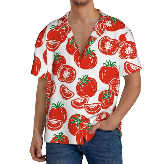 Pofeuu Hand Drawn Tomatoes Print Mens Casual Short Sleeve Shirts Beach Summer Spread Collar Pocket Tops Men's Casual Short-sleeved Shirt-4X-Large