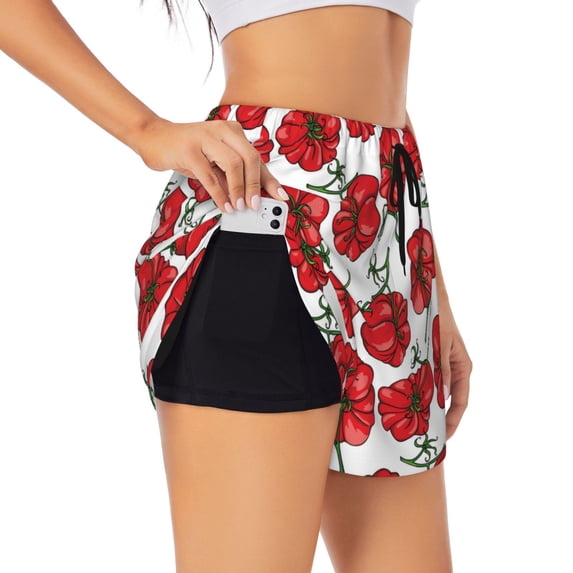 Pofeuu Hand Drawn Tomatoes Print Women's Athletic Shorts Running Workout Shorts Tummy Control Quick Dry Gym Shorts with Pockets Double layer sports shorts-XX-Large