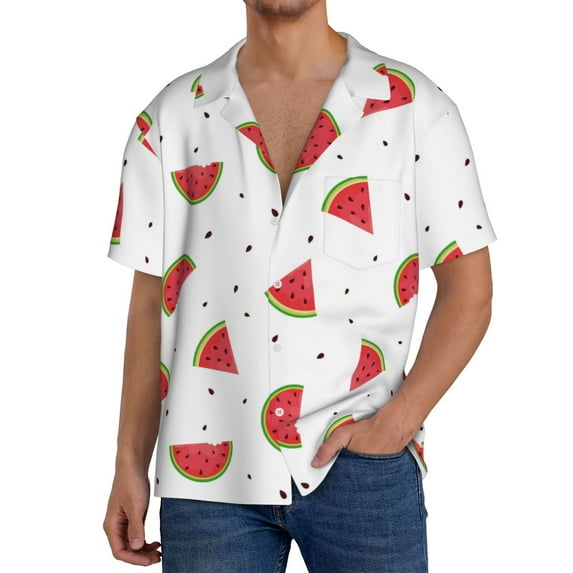 Pofeuu Hand Drawn Watermelon Print Mens Casual Short Sleeve Shirts Beach Summer Spread Collar Pocket Tops Men's Casual Short-sleeved Shirt-Large