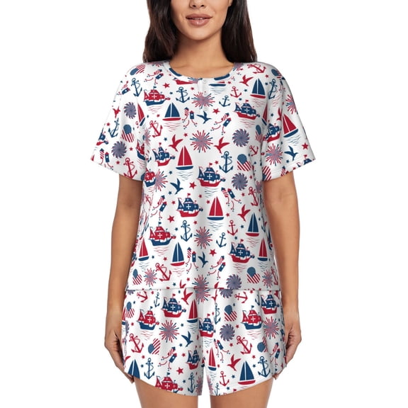 Pofeuu Happy Columbus Day Print Women's Pajama Set Short/Shorts Soft Button PJs Elastic Drawstring Waist Sleepwear-Medium
