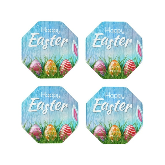 Pofeuu Happy Easter Print Coasters for Drinks, 4Pack PU Leather Coasters, Bar Drink Coasters for Tabletop Protection, Furniture from Damage-Octagon