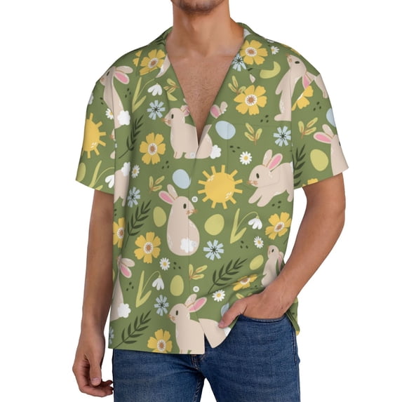 Pofeuu Happy Easter Print Mens Casual Short Sleeve Shirts Beach Summer Spread Collar Pocket Tops Men's Casual Short-sleeved Shirt-XX-Large