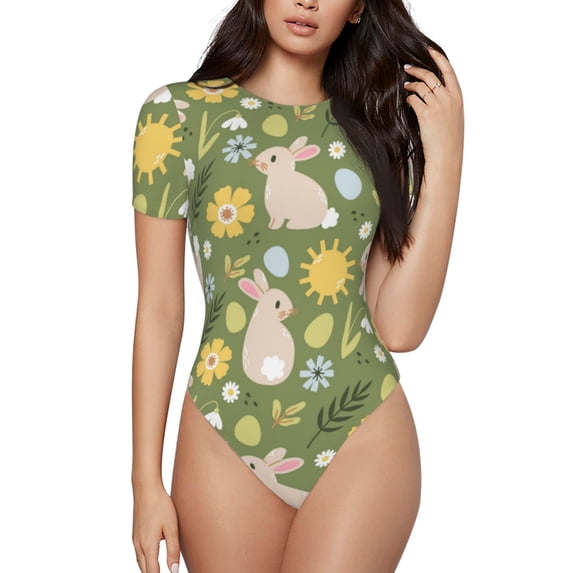 Pofeuu Happy Easter Print Short Sleeve Body Suits Women Round Neck Bodysuits for Women Onesie Adult Set Body Suit-Small