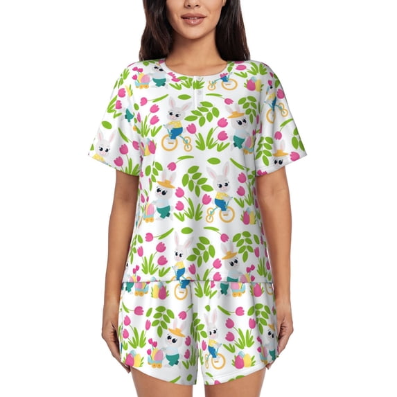 Pofeuu Happy Easter Print Women's Pajama Set Short/Shorts Soft Button PJs Elastic Drawstring Waist Sleepwear-Large