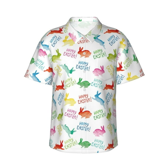Pofeuu Happy Easter Rabbit Print Hawaiian Shirt for Men Sleeves Casual Button Down Summer Beach Dress Shirts T-Shirts,XX-Large