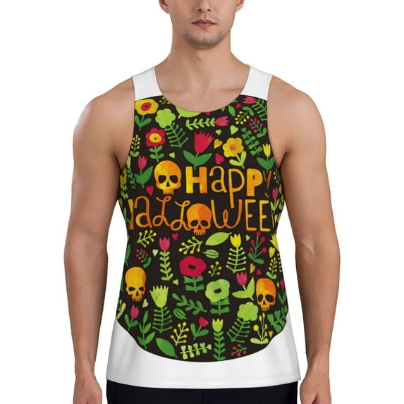 Pofeuu Happy Halloween Floral Print Men's Workout Tank Tops Sleeveless Muscle Gym Shirt Quick Dry-Medium