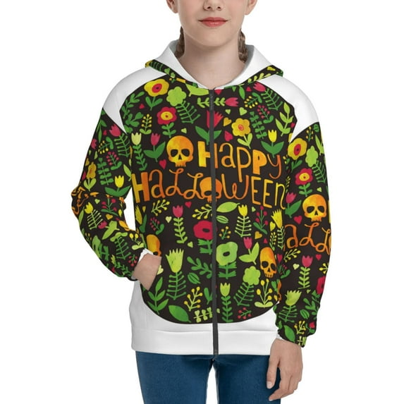 Pofeuu Happy Halloween Floral Print Teenage Zipper Hoodie Sweatshirts Hooded Casual Jackets With Pocket For Boys Girls-Small