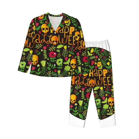 Pofeuu Happy Halloween Floral Print Womens Pajamas Set Long Sleeve Sleepwear Button Down Nightwear Soft Pj Lounge Sets Button Down Pajamas Women-Small