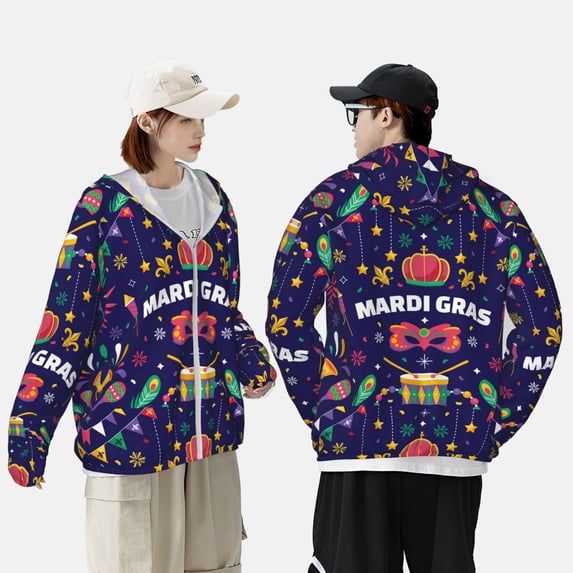 Pofeuu Happy Mardi Gras Print Sun Protection Outdoor Lightweight Full Zip UV Cooling Hoodie Long Sleeve Summer Clothing for Outdoor Hiking-Large