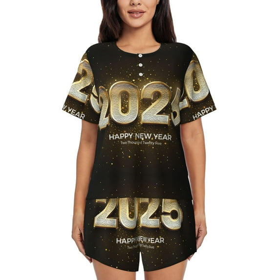 Pofeuu Happy New Year 2025 E Print Women's Pajama Set Short/Shorts Soft Button PJs Elastic Drawstring Waist Sleepwear-X-Large