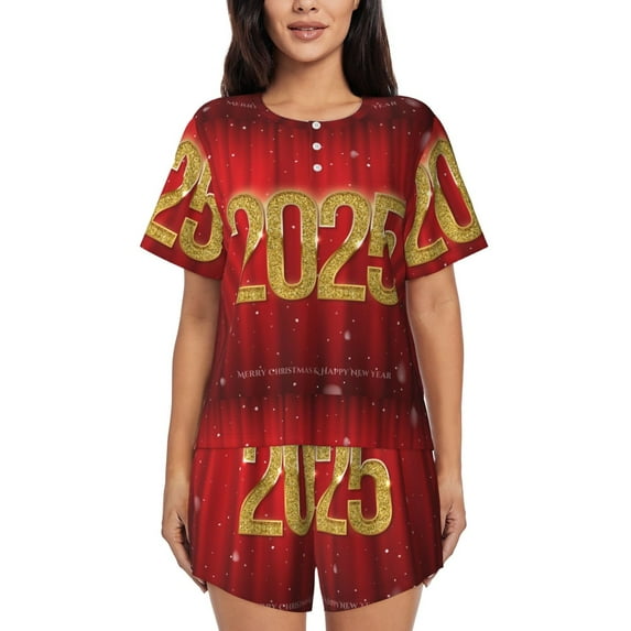 Pofeuu Happy New Year 2025 F Print Women's Pajama Set Short/Shorts Soft Button PJs Elastic Drawstring Waist Sleepwear-X-Large