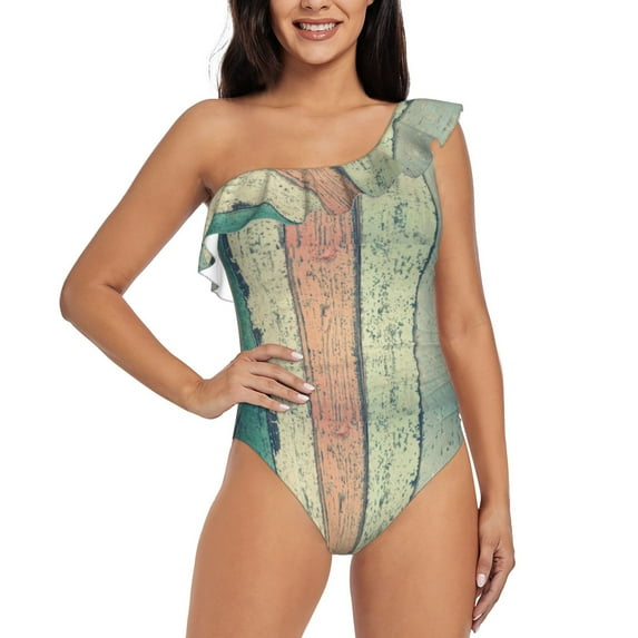 Pofeuu Hardwood Print Women's One Piece Swimsuits One Shoulder Swimwear Asymmetric Ruffle Monokinis Bathing Suits-Large