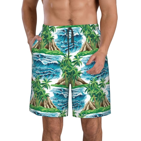 Pofeuu Hawaii Palms Prin Men's Swim Trunks Quick Dry Bathing Suit Swimming Board Shorts Mesh Lining Beach Swimwear-Small