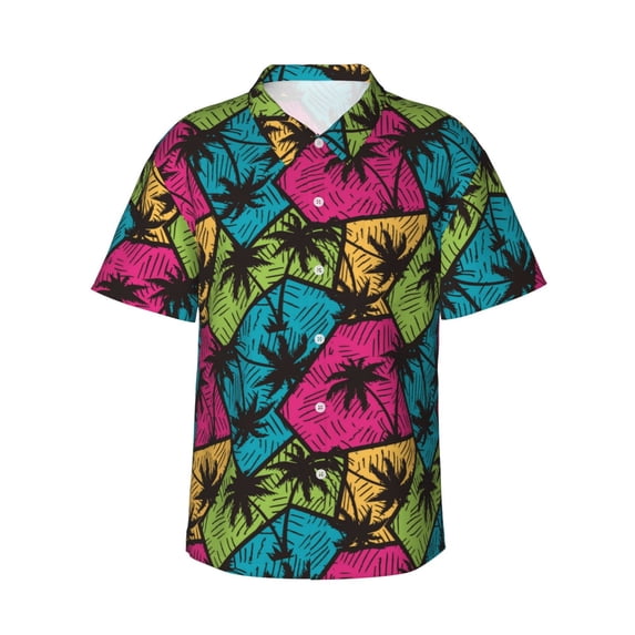 Pofeuu Hawaii Palms Print Hawaiian Shirt for Men Sleeves Casual Button Down Summer Beach Dress Shirts T-Shirts,Medium