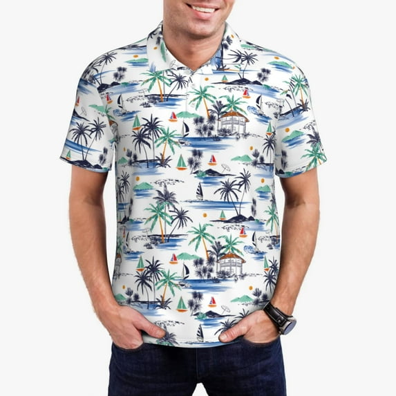 Pofeuu Hawaii Palms Print Men's Loose Fit Midweight Short-Sleeve Pocket Polo-XX-Large