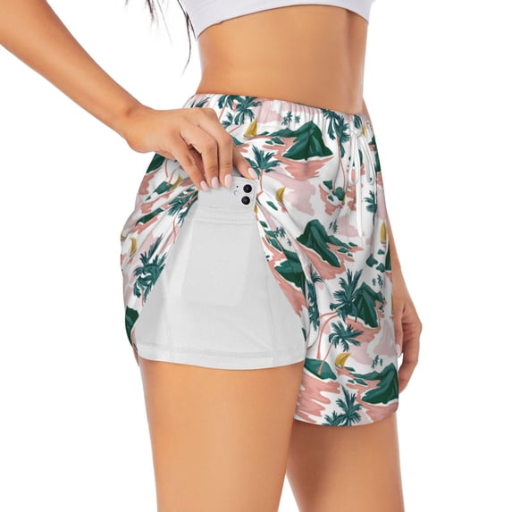 Pofeuu Hawaii Palms Print Women's Athletic Shorts Running Workout Shorts Tummy Control Quick Dry Gym Shorts with Pockets Double layer sports shorts-X-Large