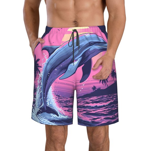 Pofeuu Hawaiian Beach Dolphin Prin Men's Swim Trunks Quick Dry Bathing Suit Swimming Board Shorts Mesh Lining Beach Swimwear-XX-Large