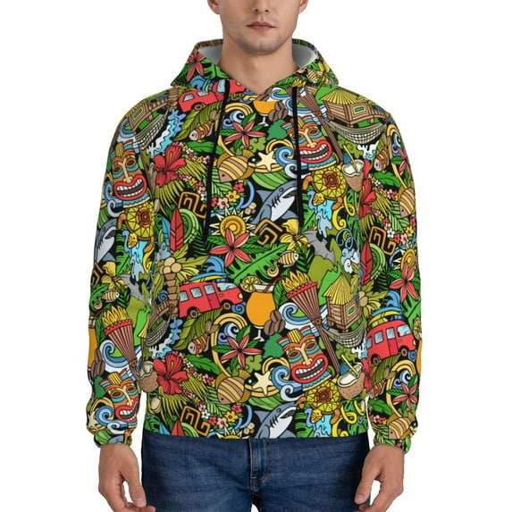Pofeuu Hawaiian Culture Symbols 1 Print Mens Casual Hooded Collar Drawstring Hoodies Pullover Sweatshirts Casual Long Sleeve Shirts-Large