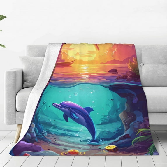 Pofeuu Hawaiian Island Dolphin Print Ultra-Soft Micro Fleece Blanket,for Bed Or Sofa,All Season Throw Blankets Flannel Blanket-60"x50"