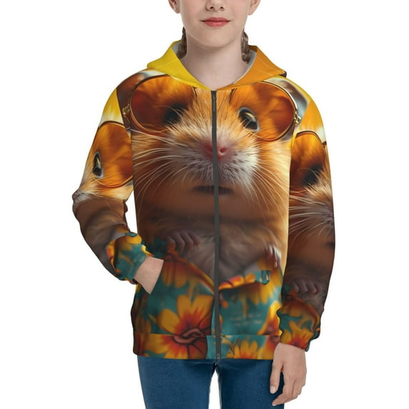 Pofeuu Hawaiian Style Guinea Pig Print Teenage Zipper Hoodie Sweatshirts Hooded Casual Jackets With Pocket For Boys Girls-Small
