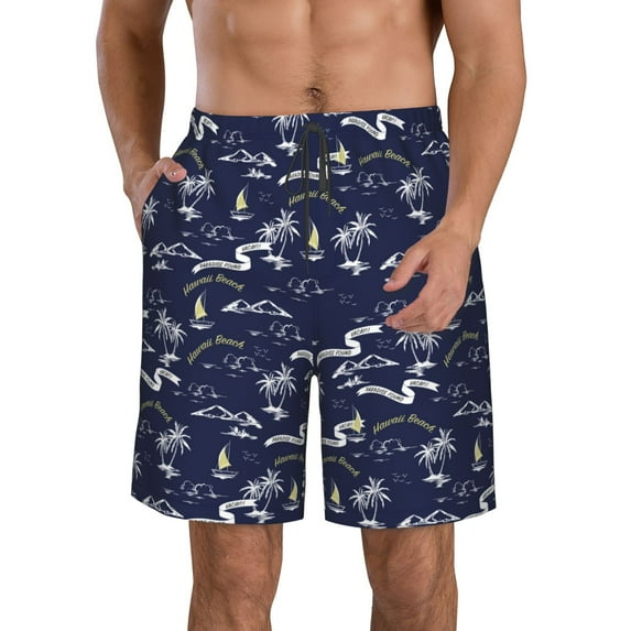 Pofeuu Hawaiian Style Prin Men's Swim Trunks Quick Dry Bathing Suit Swimming Board Shorts Mesh Lining Beach Swimwear-Medium