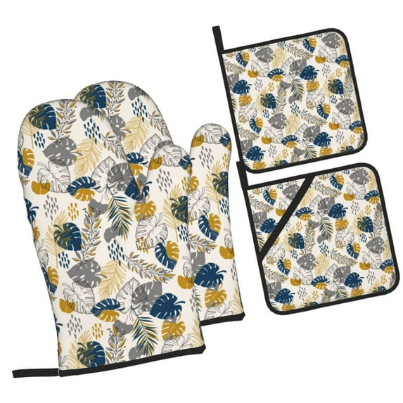 Pofeuu Hawaiian Style Print Oven Mitts and Pot Holders 4 pcs Set,High Heat Resistant 500 Degree Extra Thicken Long Kitchen Cotton Oven Glove for Cooking
