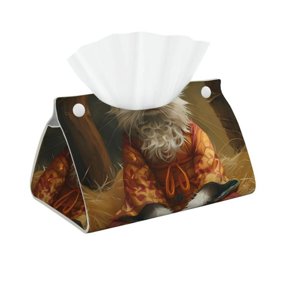 Pofeuu Haystack Meditating Cat Print Tissue Box Cover, Modern Decorative PU Leather Rectangular Tissue Box Case Organizer Holder for Vanity Countertop, Night Stands, Livingroom