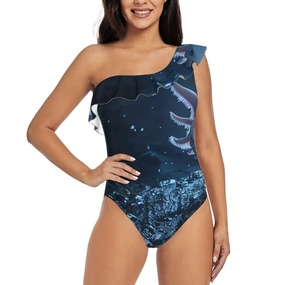 Pofeuu Heart Axolotl Print Women's One Piece Swimsuits One Shoulder Swimwear Asymmetric Ruffle Monokinis Bathing Suits-X-Large