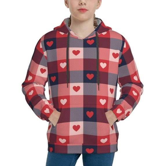 Pofeuu Heart Plaid Print Kids Pullover Hoodies Warm Thick Hooded Sweatshirt with Packet for Boys Girls-Medium
