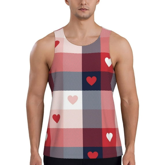 Pofeuu Heart Plaid Print Men's Workout Tank Tops Sleeveless Muscle Gym Shirt Quick Dry-Large