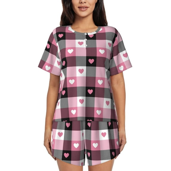 Pofeuu Heart Plaid Print Women's Pajama Set Short/Shorts Soft Button PJs Elastic Drawstring Waist Sleepwear-Small