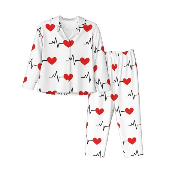 Pofeuu Heartbeat Symbol Print Womens Pajamas Set Long Sleeve Sleepwear Button Down Nightwear Soft Pj Lounge Sets Button Down Pajamas Women-Medium