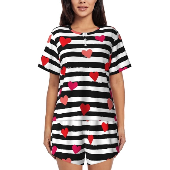 Pofeuu Hearts And Lines1 Print Women's Pajama Set Short/Shorts Soft Button PJs Elastic Drawstring Waist Sleepwear-Small