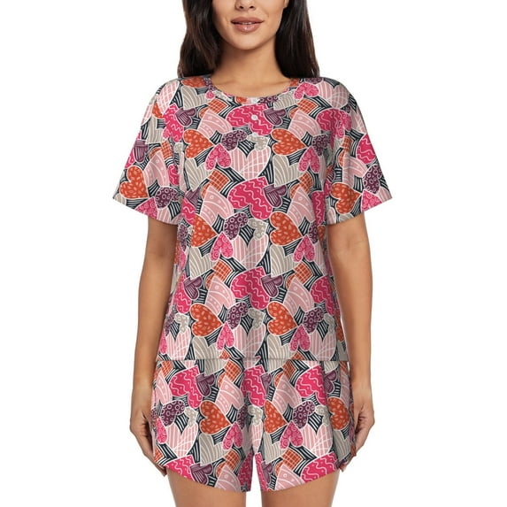 Pofeuu Hearts for Valentines day Print Women's Pajama Set Short/Shorts Soft Button PJs Elastic Drawstring Waist Sleepwear-Small