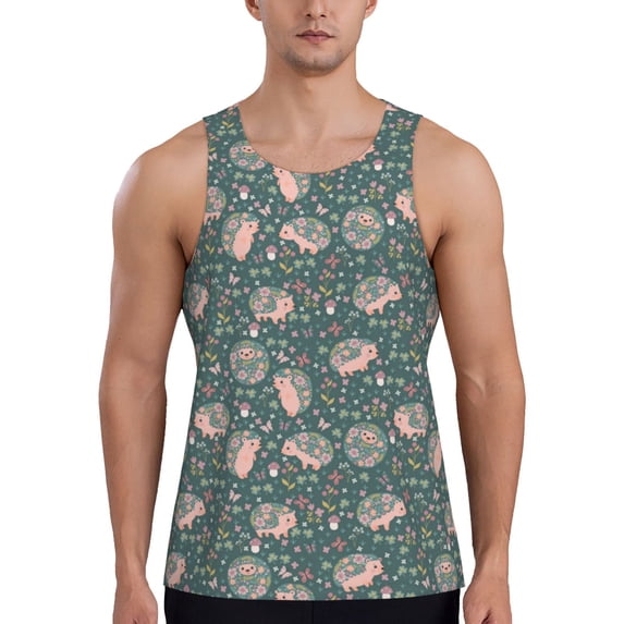 Pofeuu Hedgehogs and Flowers Print Men's Workout Tank Tops Sleeveless Muscle Gym Shirt Quick Dry-Small