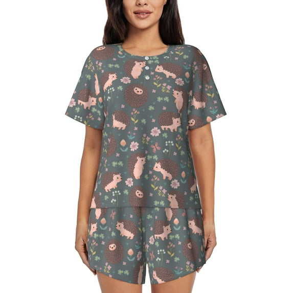 Pofeuu Hedgehogs and Flowers1 Print Women's Pajama Set Short/Shorts Soft Button PJs Elastic Drawstring Waist Sleepwear-3X-Large