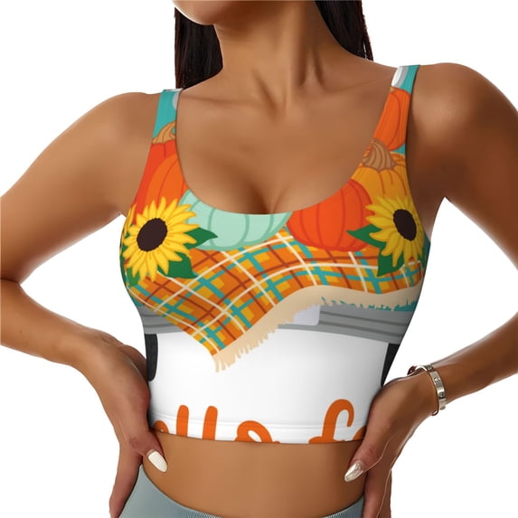 Pofeuu Hello Fall Farm Truck Print Sports Bra for Women Sexy Vest Yoga Running Gym Fitness Crop Bras Tops-Medium
