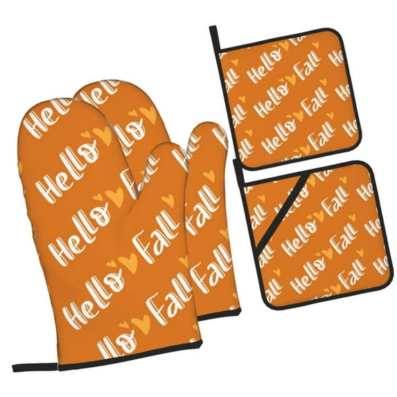 Pofeuu Hello Fall Print Oven Mitts and Pot Holders 4 pcs Set,High Heat Resistant 500 Degree Extra Thicken Long Kitchen Cotton Oven Glove for Cooking