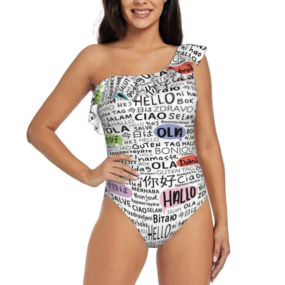 Pofeuu Hello Print Women's One Piece Swimsuits One Shoulder Swimwear Asymmetric Ruffle Monokinis Bathing Suits-Small
