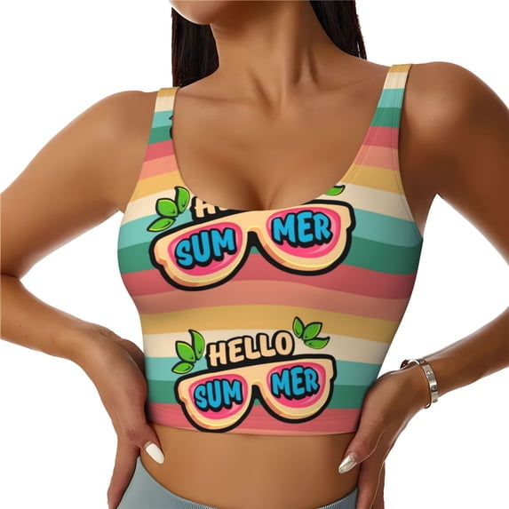 Pofeuu Hello Summer Print Sports Bra for Women Sexy Vest Yoga Running Gym Fitness Crop Bras Tops-X-Large