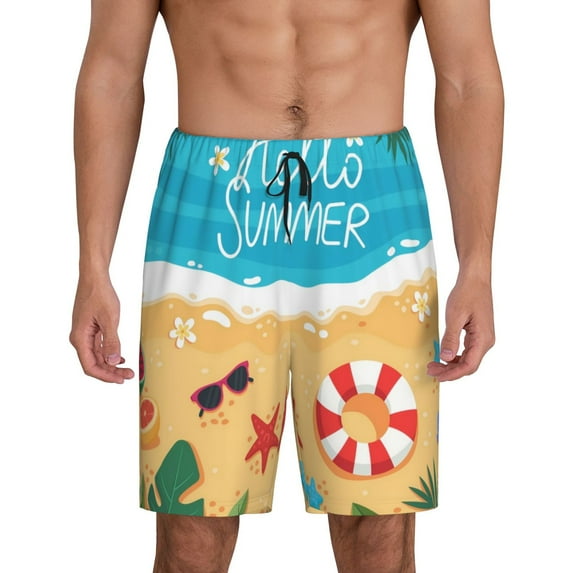 Pofeuu Hello Summer1 Print Men's Soft Woven Elastic Waistband Sleep Pajama Short-Large